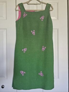 Vintage Talbots Embroidered Lobster Green Pink Dress Size 14